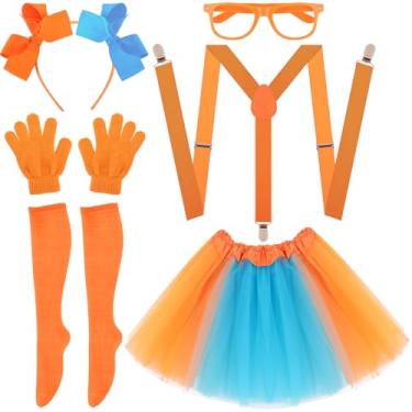 Imagem de 9 peças de acessórios de fantasia azul laranja para mulheres - laço laranja luvas de grampo de cabelo azul meia-calça saia tutu com material de dramatização de personagens de desenho animado, kits de