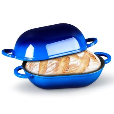 Imagem de TeamFar Forma de pão de ferro fundido esmaltado, forno holandês oval de 2 litros com tampa para assar pão de fermento, forma de bolo de carne esmaltada com tampa, distribuição uniforme de calor e