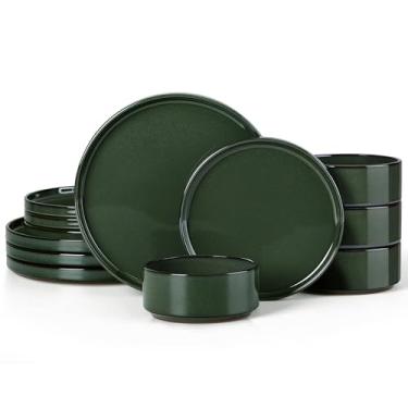 Imagem de Herogo Conjunto de 12 peças de louça de grés para 4, conjuntos de louça de cerâmica para cozinha doméstica, pratos e tigelas com fundo de terracota rústico, seguro para lava-louças e micro-ondas