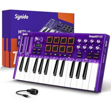 Imagem de Synido Controlador de teclado MIDI USB C com 25 teclas com 8 pads de bateria retroiluminados, tela OLED, mini teclado MIDI portátil para produção musical – roxo, TempoKEY K25
