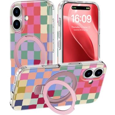Imagem de DEENAKIN Capa para iPhone 16 Plus - Compatível com carregamento sem fio - Suporte multifuncional integrado - Capa protetora para celular com designs bonitos da moda para mulheres - tabuleiro de xadrez