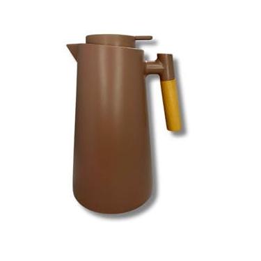 Imagem de Garrafa Térmica de Plástico com Cabo de Madeira e Termômetro Branca 1L - Utensílios de Cozinha - Mesa Posta - Decoração - Itens Para Casa - Perfeita Para Café e Chá (Marrom)