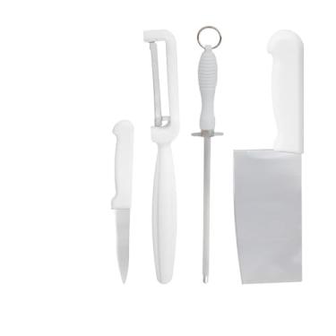 Imagem de Conjunto de Facas Profissionais em Aço Ionx, 4 Peças, Branco, com Cutelo 30cm, Faca para Legumes 18.5cm, Chaira 28cm e Descascador 16cm, Cabo Ergonômico ABS