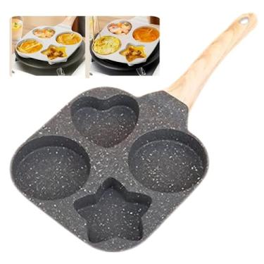 Imagem de Frigideira Multifuncional com 4 Compartimentos, Antiaderente com Revestimento de Pedra, Cabo de Madeira, para Ovos e Panquecas, Formato redondo, coracao e estrela (cinza)