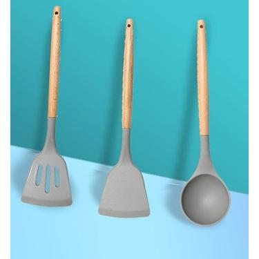 Imagem de Colher de concha de silicone com cabo de madeira, utensílios de cozinha antiaderentes grandes resistentes ao calor para cozinhar, mexer, servir sopas