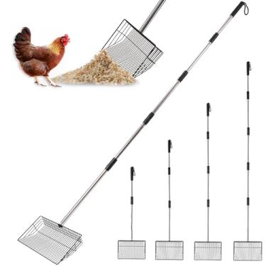 Imagem de Colher grande para cocô de galinha, colher de metal com alça longa ajustável de aço inoxidável de 81 a 170 cm, colher de cocô de galinha para areia com pá de peneiramento resistente para galinhas