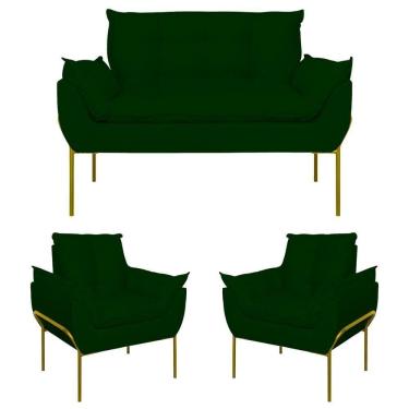 Imagem de Kit 2 Poltronas + Namoradeira Pé Metal Dourado Recepção Sala Verde
