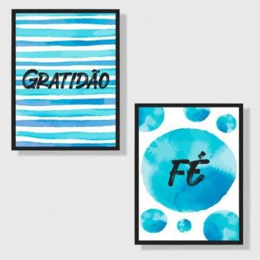 Imagem de Kit 2 Quadros Gratidão E Fé Azul 24X18Cm - Quadros On-Line