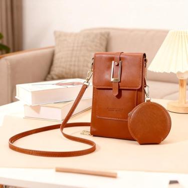 Imagem de Bolsa de couro antifurto, pequena bolsa transversal para celular, carteira feminina com bloqueio de RFID, bolsa tiracolo com alça de ombro, Marrom