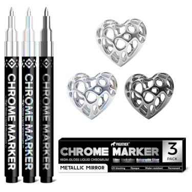 Imagem de Pagather Marcadores de tinta cromada em 3 cores, canetas espelhadas permanentes claras, pretas e prateadas a laser para plástico, metal, modelo, joias, pintura de rodas, kit de retoque e reparo
