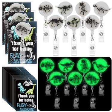 Imagem de 21 conjuntos de carretel de crachá de dinossauro com clipe jacaré que brilha no escuro retrátil para crachá de identidade, acessórios de enfermeira de dinossauro de Natal para técnicos de rad LPN CNA