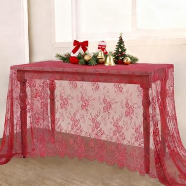 Imagem de B-COOL Toalha de mesa de renda vintage vermelha 152 x 300 cm toalha de mesa de casamento floral para mesas retangulares, tecido de renda, decoração rústica de festa de Natal