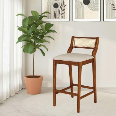 Imagem de Banqueta Lagum Conforto Estofada Jequitibá Natural Linho Bege Palha Sextavada