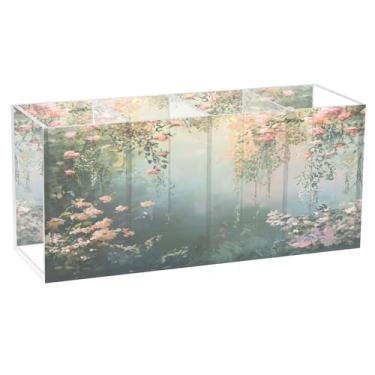 Imagem de SEHANY Porta-canetas de parede vintage de jardim para mesa, 4 compartimentos, porta-lápis de acrílico, organizador de pincéis de maquiagem, organizador de papelaria para escritório, casa