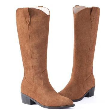 Imagem de N.N.G Botas femininas de cano alto, camurça sintética, preto, marrom, pedra vermelha, rosa, estilo ocidental, salto bloco de 5 cm, bico fino, zíper lateral, botas de inverno modernas para uso casual e