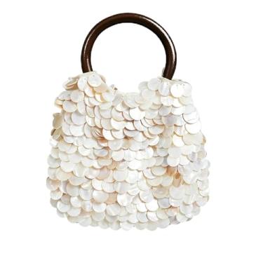 Imagem de Miuco Bolsa clutch feita à mão com concha natural com alça de madeira, bolsa de contas para mulheres, festa na praia, férias, Branco, Small