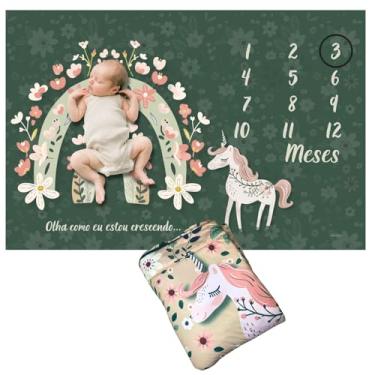 Imagem de Edredom Dupla Face Foto Neném Mêsversário Unicórnio Verde Cobertor Fofinho, Fundo para Fotos Mensais, Multiuso, Estampa Digital, Com Marcador MDF