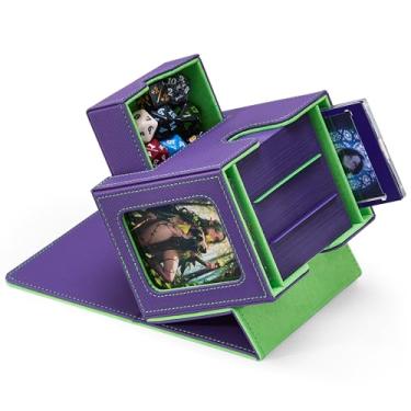 Imagem de Zettokete MTG Commander Deck Box with Dual Commander Display, Patented Card Deck Box Fits 100 Double-Sleeved Cards, MTG Card Case with Dice Tray, 2 Dividers, 2 Magnetic Holders, Purple & Neon Green