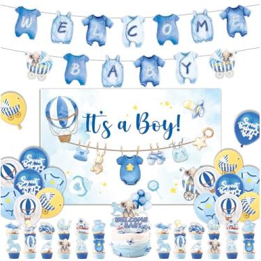 Imagem de Blue Baby Shower Decorations Elephant Baby Shower Decorations Banner-Balloons-Backdrop-Cake Topper-Cupcake Toppers for Boy Blue Baby Party Decor Kit with It’s A Boy