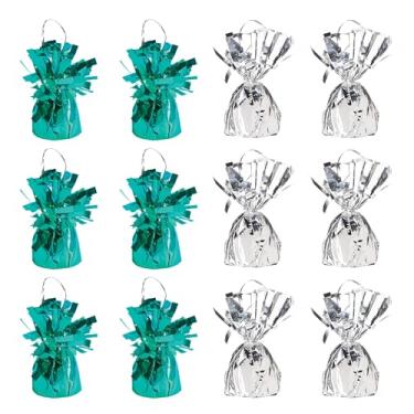 Imagem de Beistle Pesos de balão embalados metálicos variados – pacote com 12, suportes de balão turquesa e prata, centros de mesa para festas de aniversário, eventos de véspera de ano novo e celebrações de chá