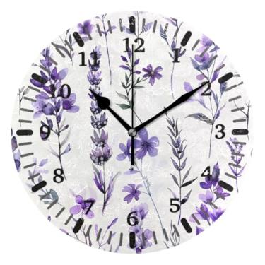 Imagem de CEBUGI 1 relógio de parede com flores roxas, 1 relógio redondo operado por bateria, relógios de parede silenciosos sem tique-taque para cozinha, banheiro, quarto, escritório, decoração 25,4 cm