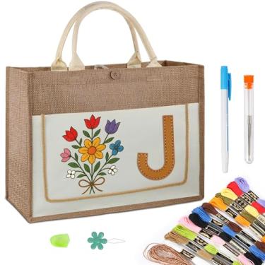Imagem de Bolsa de lona personalizada DIY com kit de bordado, bolsa de artesanato de juta resistente com bolso frontal e forro resistente à água, bolsa de presente personalizável para mulheres, uso diário