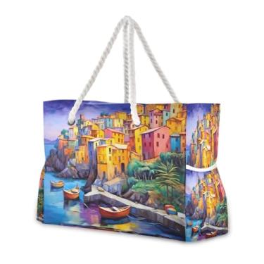 Imagem de Wassud Bolsa de praia pitoresca aldeia grande bolsa de praia para mulheres, impermeável, à prova de areia, bolsa de viagem com zíper e bolso, piscina, academia, acampamento