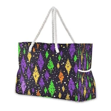 Imagem de Wassud Bolsa de praia feminina com estampa de bloco abstrato, grande, à prova d'água, à prova de areia, bolsa de viagem com zíper e bolso para piscina, academia, acampamento