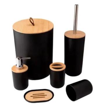 Imagem de Kit Banheiro Com Tampa De Bambu Com 6 Peças Lixeira Fechada - Clink