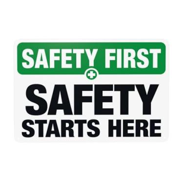 Imagem de Sinal de aviso Safety Starts Here, slogan de segurança placas de metal para casa, negócios, exterior, interior, estrada, quintal, garagem, rua, parede, segurança, cuidado, decoração personalizada 30,5