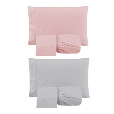 Imagem de Kit 2 Jogos de Lençol Casal Padrão com Elástico e Fronhas Bordada em Ponto Palito, 6 Peças em Micropercal 300 Fios 100% Poliéster (2 Jogos CP Versat (Rosê/Cinza))