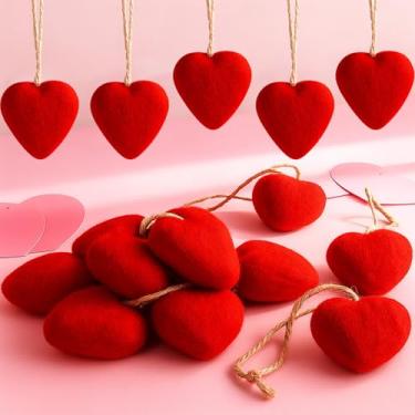 Imagem de 16 peças de enfeite de coração vermelho de feltro 3D em forma de coração vermelho 3D, enfeites românticos para pendurar na árvore de Natal, dia dos namorados, para casamento, noivado, galentinas