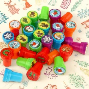 Imagem de 10 carimbos de plástico coloridos sortidos de Natal - carimbos decorativos de Natal com tinta própria - presente divertido, lembrancinhas de festa, brindes de sacola