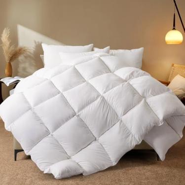 Imagem de WhatsBedding Edredão de penas king size branco, preenchido com penas e plumas, enchimento de edredom para todas as estações, edredom luxuoso para cama de hotel, capa 100% algodão, calor médio com abas