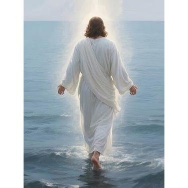 Imagem de Arte de parede Jesus andando sobre a água, impressão de pôster de história bíblica religiosa cristã, luz divina, decoração religiosa moderna para sala de estar, quarto, sala de oração, 30 x 40 cm