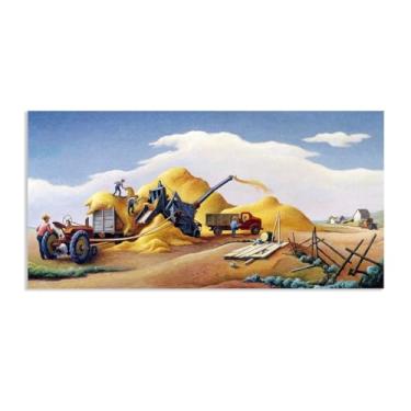 Imagem de Thomas Hart Benton Paintings Wall Art Trigo Debulhing on the High Plains Reproduções de arte clássica Thomas Hart Benton Pôster em tela para sala de estar decoração de parede de casa 100 x 50 cm (40 x