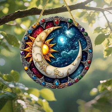 Imagem de Apanhador solar de acrílico colorido, moldura de pedra celestial de sol e lua de 18 cm, decoração de arte de parede com design de vitral impresso, ideia de presente e ornamento de jardim, uso interno
