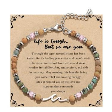 Imagem de QILMILY Pulseira de onda/laço/cruz para mulheres, pulseiras coloridas com contas de pedra natural, presente de amizade exclusivo para melhor amiga, irmã e mãe, presentes de aniversário para mulheres