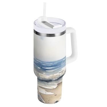 Imagem de ODAWA Copos Beach Shell com isolamento duplo com alça e tampa de palha, garrafa de água isolada 1,134 g