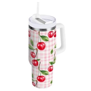 Imagem de Copo com isolamento duplo xadrez de folhas de cerejeira com tampa e canudo, copos isolados 1,134 g