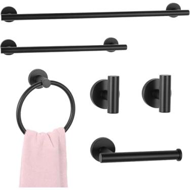 Imagem de Conjunto de 10 peças de ferragens de banheiro preto fosco, conjunto de barra de toalha de aço inoxidável de 59,9 cm, conjunto de acessórios de banheiro montados na parede, conjunto de toalheiro, anel