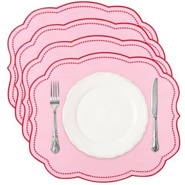 Imagem de Jogo americano de linho de algodão conjunto de 4 - tapetes de mesa de pano bordado de luxo em camadas duplas - feriados, Natal, tapete lavável, 40 x 33 cm (rosa)