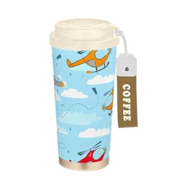 Imagem de TSENQUE Caneca de café de viagem de 473 ml com tampa de canudo e filp, revestimento cerâmico, isolamento a vácuo, aço inoxidável, copo de café, à prova de vazamento, helicóptero de avião fofo, céu