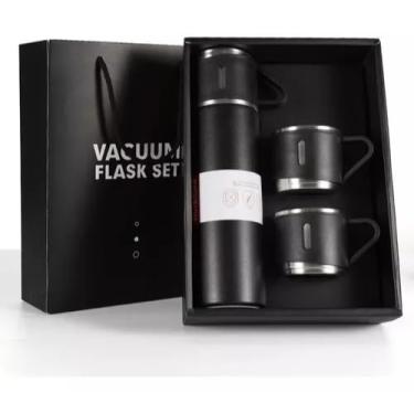 Imagem de Kit Garrafa Térmica com Isolamento a Vácuo 500ml com 3 Xícaras – Mantém Bebidas Quentes e Frias por Horas(Preto)