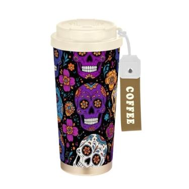 Imagem de TSENQUE Caneca de café de viagem de 473 ml com canudo e tampa, caneca de café de aço inoxidável à prova de vazamento para escritório, escola, festa, acampamento, caveiras coloridas florais