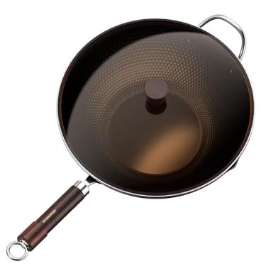 Imagem de Armorbear Frigideira Wok de aço carbono, frigideiras tripolares nitretadas pré-temperadas de fundo plano e frigideiras antiaderentes, wok chinesas com tampa de vidro para todos os fogões, presente