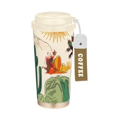 Imagem de TSENQUE Caneca de café de viagem 40 ml com canudo e tampa de filp, copos de parede dupla isolados a vácuo com revestimento cerâmico, cacto americano deserto ocidental