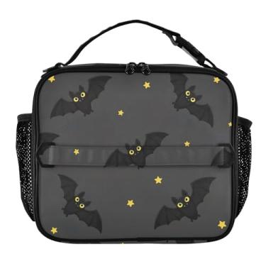 Imagem de Joisal Lancheira de morcegos pretos com estrelas amarelas para mulheres, meninas, lancheira, personalizada, infantil, masculina, lancheira para trabalho, bolsa térmica para escola