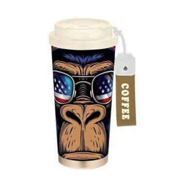 Imagem de TSENQUE Caneca de café de viagem 40 ml com canudo e tampa, copo de café de aço inoxidável à prova de vazamento para escritório, escola, festa, acampamento, chimpanzé, animal preto