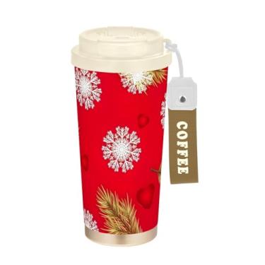 Imagem de TSENQUE Caneca de café de viagem 16+ Oz, copo de café com revestimento cerâmico com tampa e palha, copo isolado a vácuo de aço inoxidável, flocos de neve de ouro branco Natal